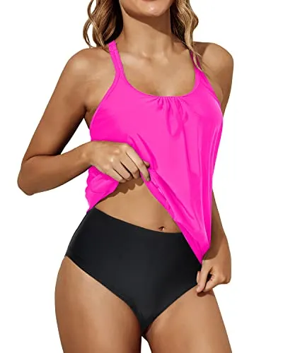 2 Piece Cute Scoop Neck Tankini Shorts For Women-Hot Pink